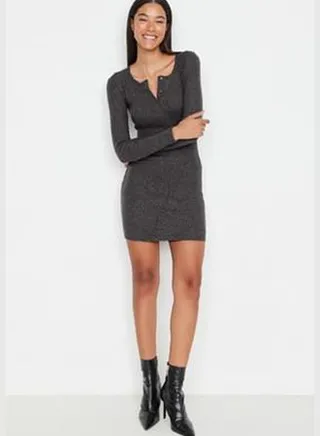 Anthracite Snap Detailed Dress, Fitted, Square Collar, Mini Ribbed, Flexible Knit Dress TWOAW23EL01393