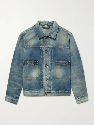 Slim-Fit Horsebit Distressed Denim Jacket