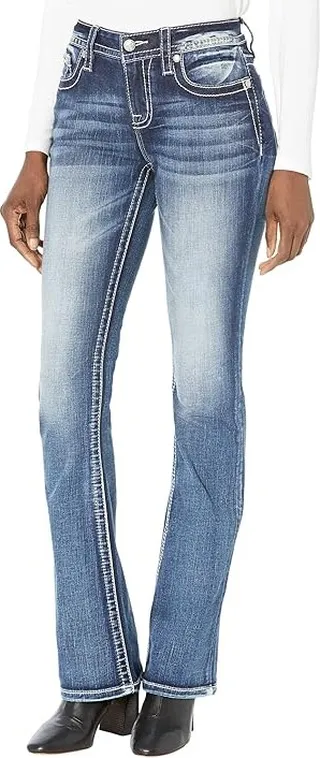 Miss Me Fleur De Lis Mid Boot Jeans in Dark Blue (Dark Blue) Women's Jeans