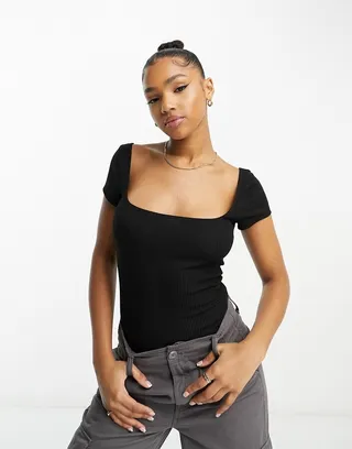 Miss Selfridge ribbed square neck bodysuit in black