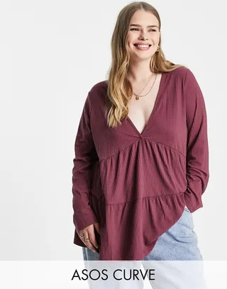 ASOS DESIGN Curve ribbed smock top with long sleeve in aubergine