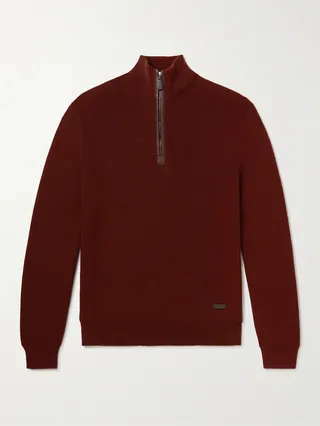 Leather-Trimmed Ribbed Wool Half-Zip Sweatshirt