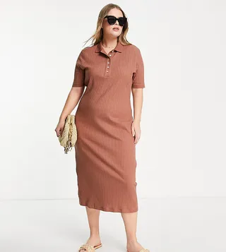 ASOS DESIGN Curve midi short sleeve ribbed polo dress in brown