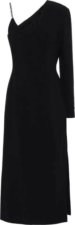 One-sleeve crystal-embellished cady midi dress
