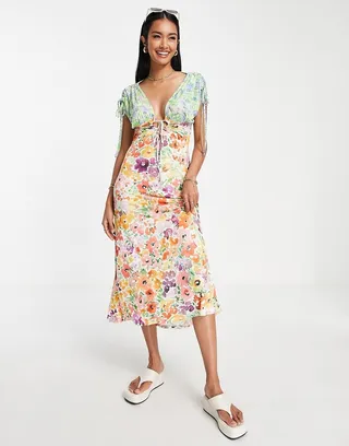 ASOS DESIGN short sleeve tie detail midi tea dress in mix match floral