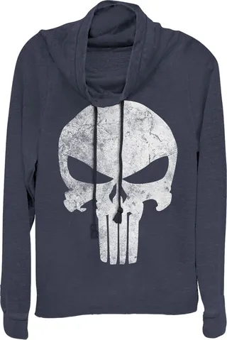 Junior's Marvel Punisher Retro Skull Symbol Cowl Neck Sweatshirt - Navy Blue - X Small