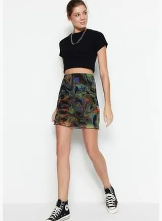 Brown Printed Tulle High Waist Lined Mini Knitted Skirt TWOSS23ET00050