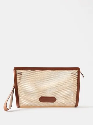 Leather-trim Mesh Pouch