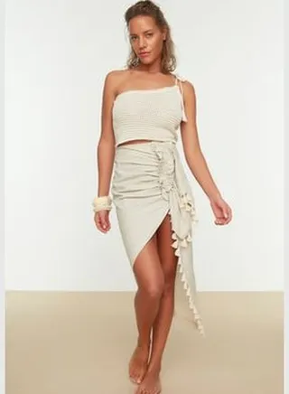 Beige Maxi Skirt with Pleats TBESS21ET0529