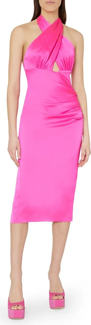 Nicolette Crossover Halter Neck Keyhole Cutout Satin Dress