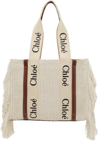Chloé Off-White & Burgundy Medium Fringe Woody Tote