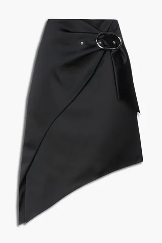 Asymmetric buckled satin mini skirt