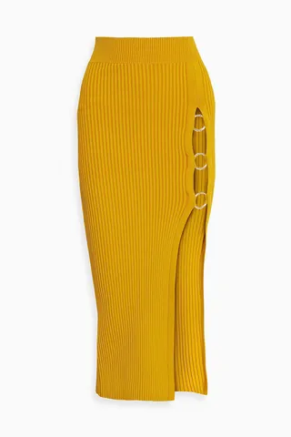 Janella embellished ribbed-knit midi skirt