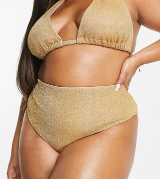ASOS DESIGN Curve mix & match high waist bikini bottoms in gold glitter