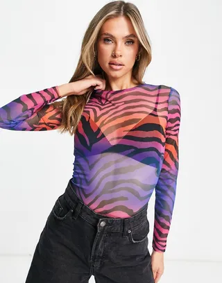 ASOS DESIGN mesh bodysuit in hyper animal - MULTI