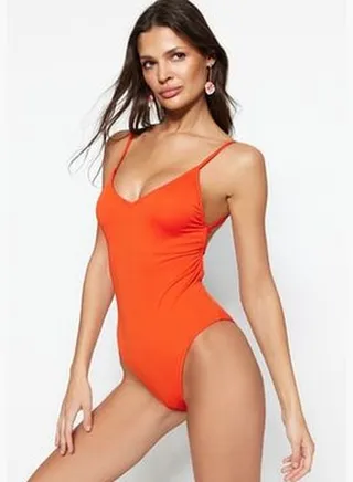 Orange Strapless Decollete, Regular Leg, Textured Swimsuit TBESS22MA0008