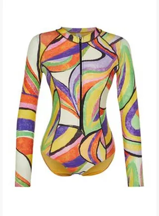 Abstract Patterned Zippered Long Sleeve Surf Swimsuit