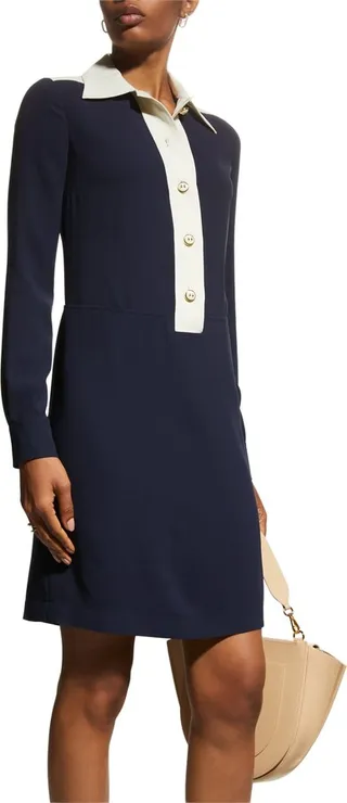 Contrast-Collar Soft Crepe Shirtdress