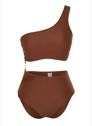 Brown One-Shoulder Accessory Swimsuit