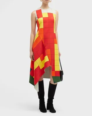 Checked Asymmetric Paneled Midi Dress