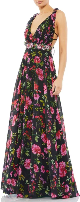 Floral Print Embellished Halter Neck Gown