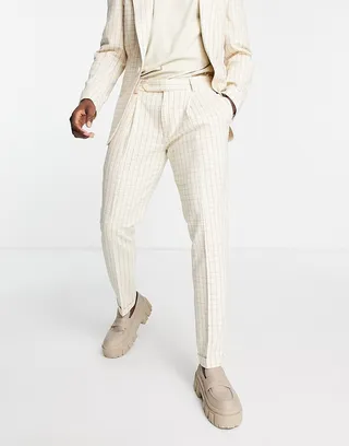 ASOS DESIGN oversized tapered pants in beige and grid check