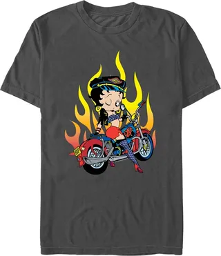 Men's Betty Boop Biker Betty Flames T-Shirt - Charcoal - X Large