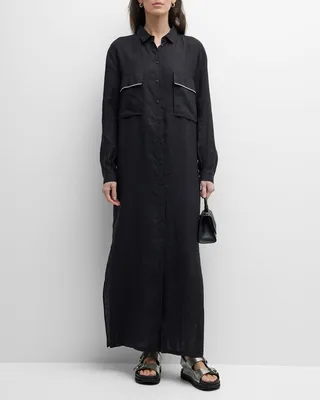 Beaded Side-Slit Button-Down Maxi Dress