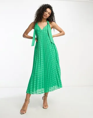 ASOS DESIGN jacquard check plunge neck pleat midi dress with tie straps in emerald green