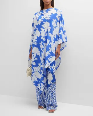 Lapis Blur Floral-Print Silk Poncho