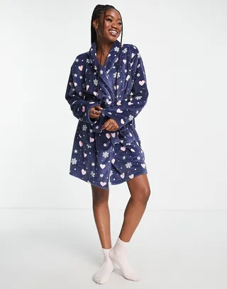 Threadbare snowflake and heart robe in navy
