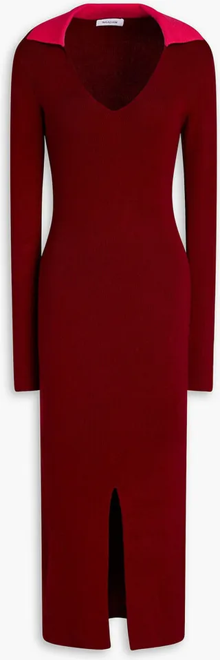 Two-tone ribbed cotton-blend midi dress