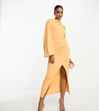 ASOS DESIGN Tall one shoulder drape neck midi dress in marigold