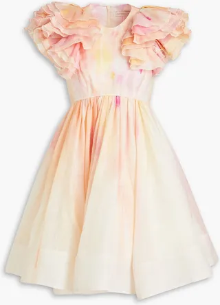 Ruffled tie-dyed linen and silk-blend mini dress