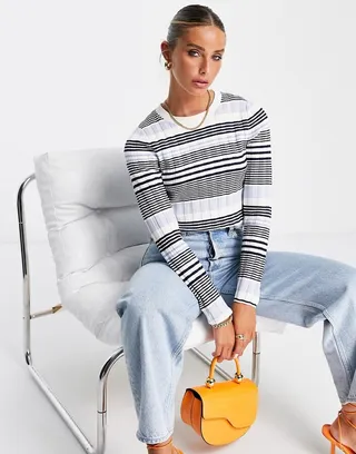 & Other Stories cropped long sleeve top in rib knit tonal stripe