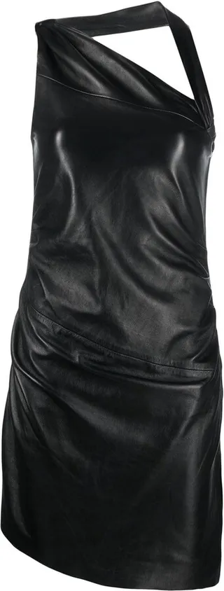 Asymmetric Gathered Leather Mini Dress