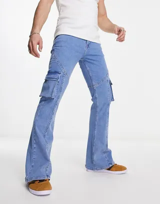 ASOS DESIGN flare jeans with cargo pockets in light blue wash