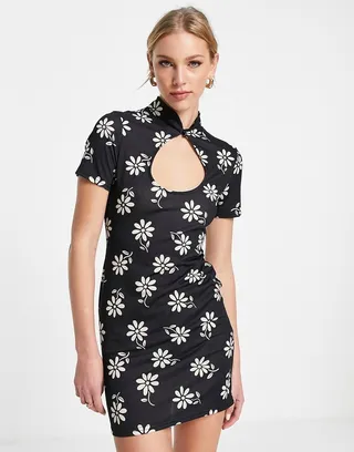 ASOS DESIGN keyhole mini dress in black and cream daisy print