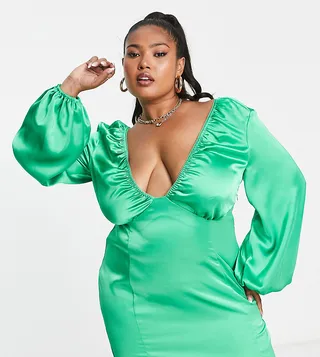 ASOS DESIGN Curve v front satin mini dress with picot trim in green