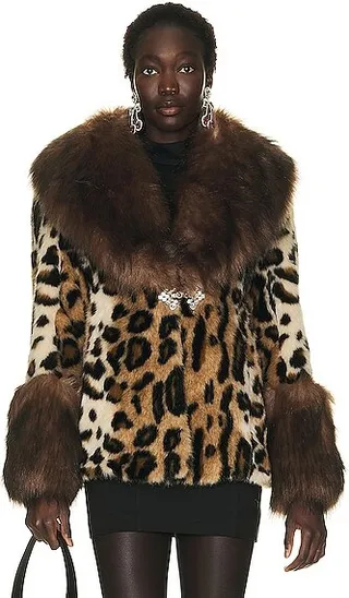 Alessandra Rich Faux Leopard Fur Coat in Brown