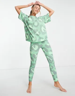 ASOS DESIGN oversized tee & leggings pajama set in green animal print