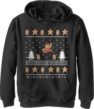Boy's Nintendo Ugly Christmas Mario Coin Pull Over Hoodie - Black - Medium