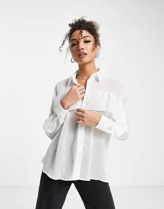 ASOS DESIGN ruffle front soft shirt in ivory