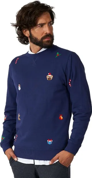 OppoSuits Deluxe Men's Christmas Sweater - X-Mas Icons - Navy Blue - Size: L