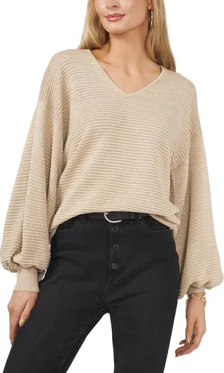 Balloon Sleeve V-Neck Sweater