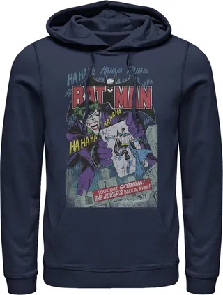 Men's Batman Joker Vintage Card Pull Over Hoodie - Navy Blue - 2X Large