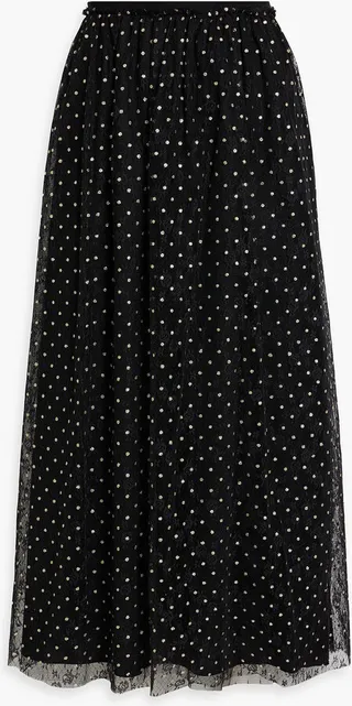 Gathered metallic fil coupé lace midi skirt