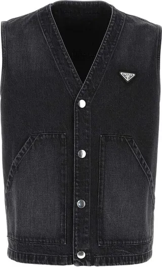 Prada Logo Plaque V-Neck Denim Vest