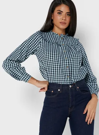 Ruffle Detail Checked Top