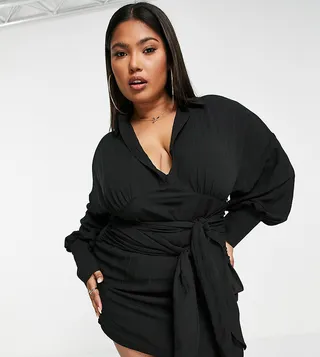 ASOS DESIGN Curve textured mini shirt dress with double tie in black